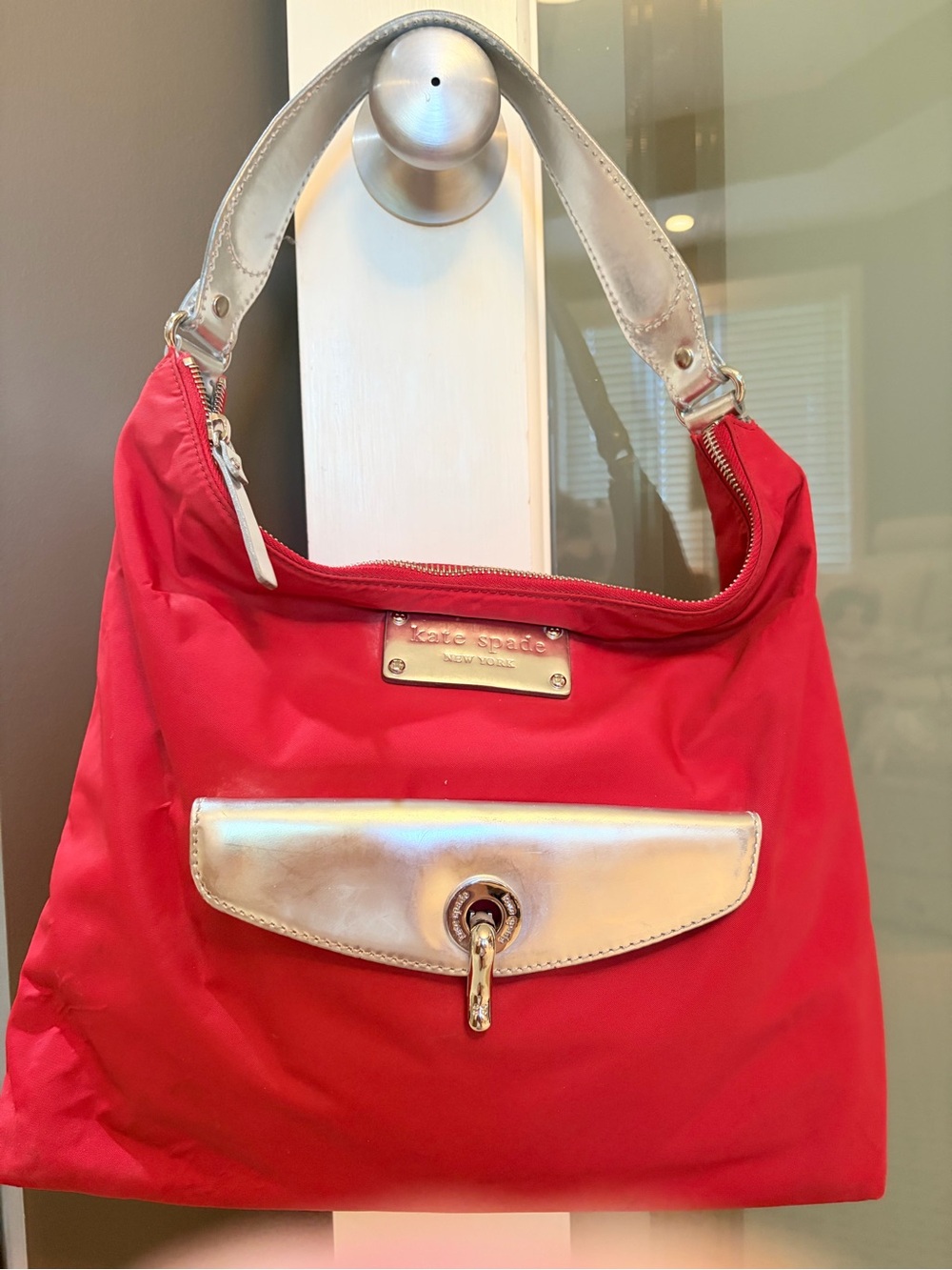 kate spade Red Nylon Shoulder Bag with Metallic Silver Accents